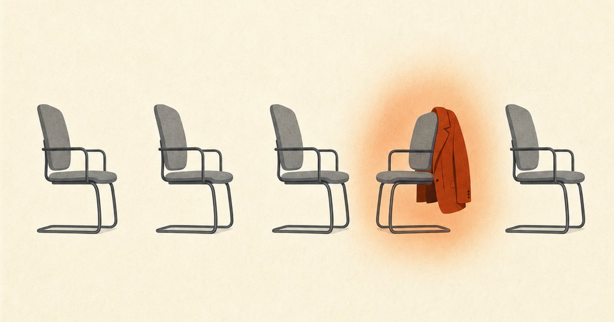 Vijf identieke stoelen op een rij; over de rugleuning van een van de stoelen hangt een oranje colbert, en die stoel gloeit warm op.